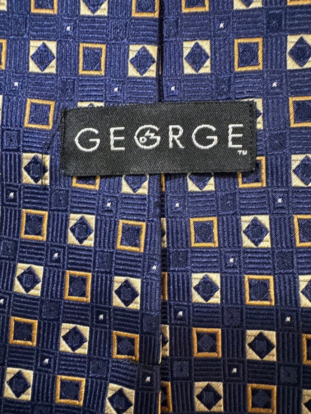 George Men’s Classic Navy Blue Geometric Square Pattern Silk Tie